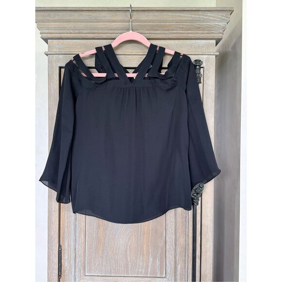 Ramy Brook Lex Cold Shoulder Sleeve Silk Blouse, Black Size Medium - Picture 3 of 12